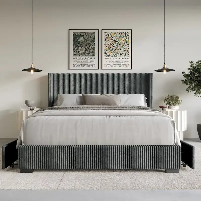Modern Ribbed Velvet Upholstered Storage Platform Bed with Wingback Headboard