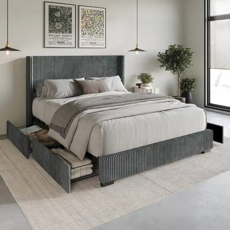 Modern Ribbed Velvet Upholstered Storage Platform Bed with Wingback Headboard