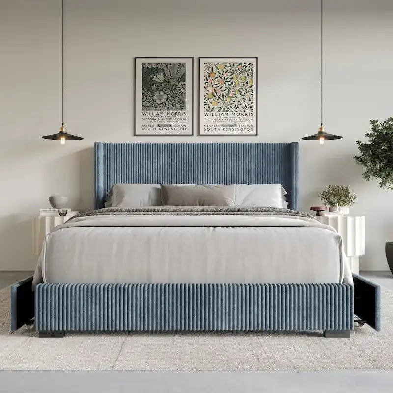 Letto moderno a piattaforma con contenitore, imbottito in velluto a coste e con testiera ad ali