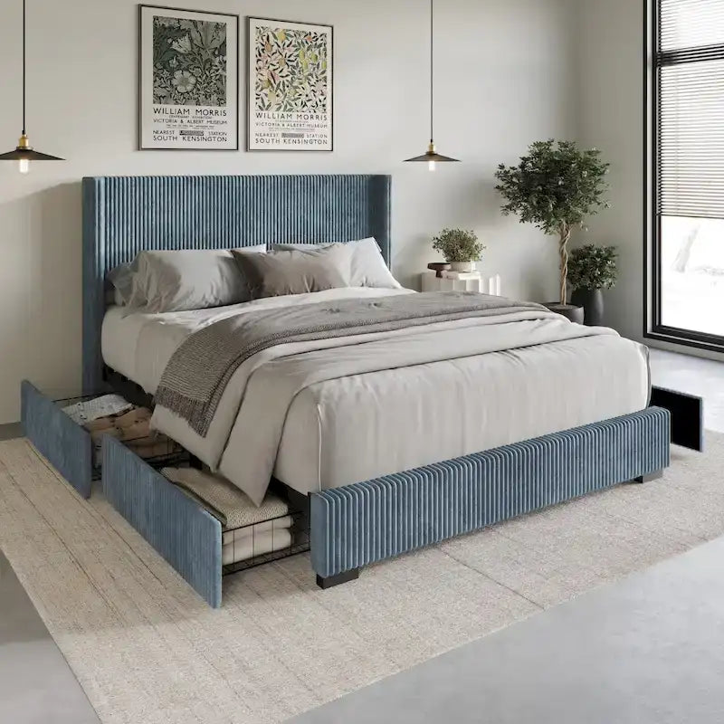 Letto moderno a piattaforma con contenitore, imbottito in velluto a coste e con testiera ad ali