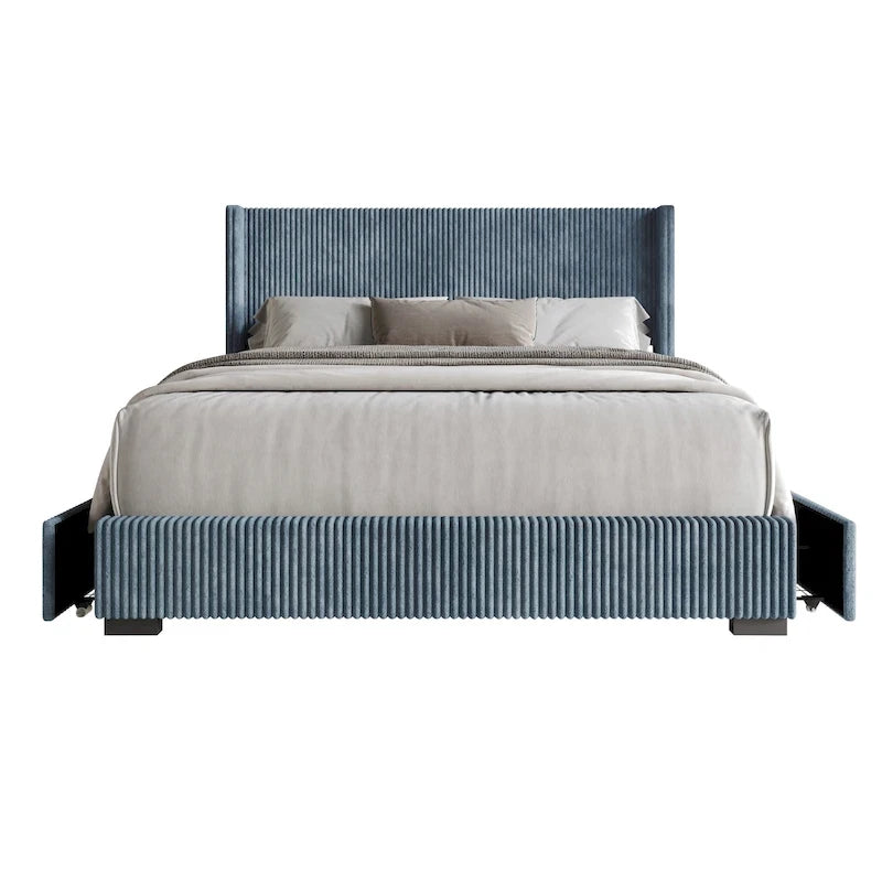 Letto moderno a piattaforma con contenitore, imbottito in velluto a coste e con testiera ad ali