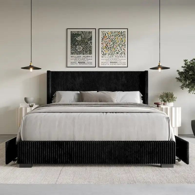 Letto moderno a piattaforma con contenitore, imbottito in velluto a coste e con testiera ad ali