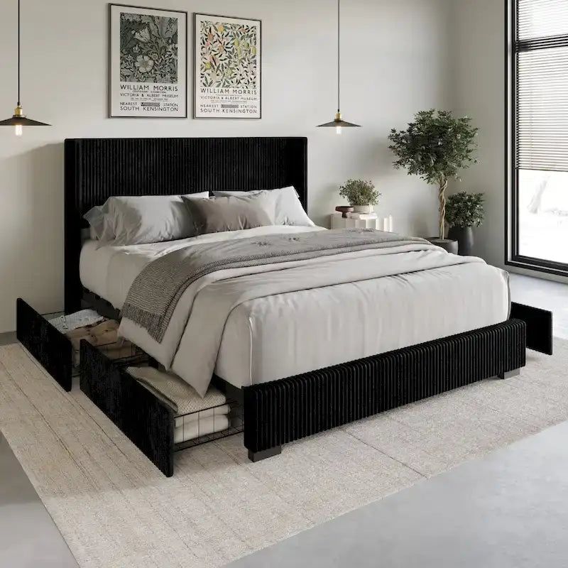 Letto moderno a piattaforma con contenitore, imbottito in velluto a coste e con testiera ad ali