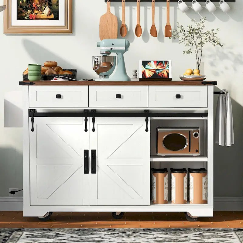 53.5 Farmhouse Kitchen Island with Power Outlet, Drop Leaf, Spice Rack, Drawer, and Wheels