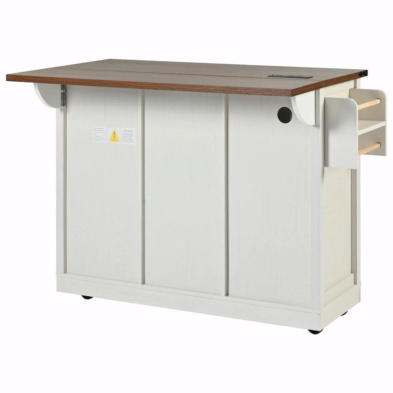 53.5 Farmhouse Kitchen Island with Power Outlet, Drop Leaf, Spice Rack, Drawer, and Wheels