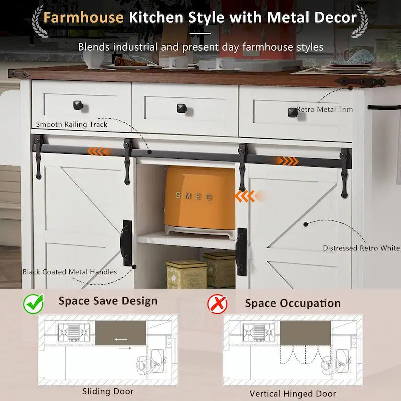 53.5 Farmhouse Kitchen Island with Power Outlet, Drop Leaf, Spice Rack, Drawer, and Wheels