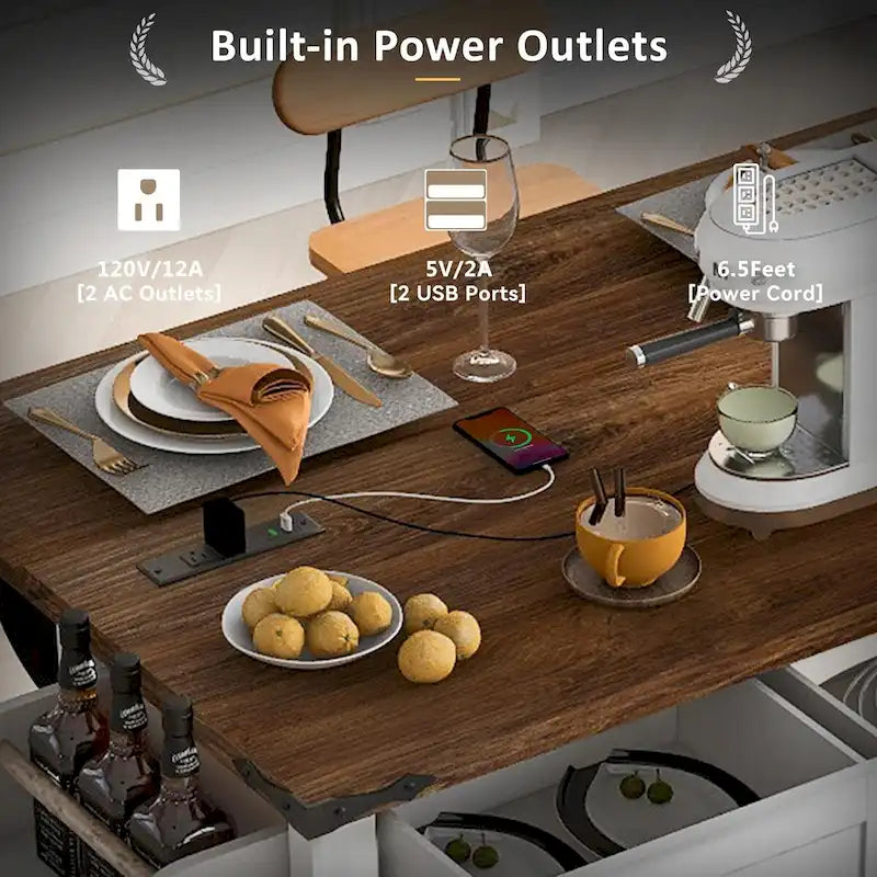 53.5 Farmhouse Kitchen Island with Power Outlet, Drop Leaf, Spice Rack, Drawer, and Wheels