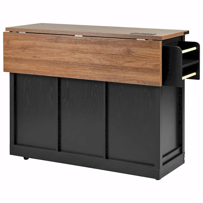 53.5 Farmhouse Kitchen Island with Power Outlet, Drop Leaf, Spice Rack, Drawer, and Wheels