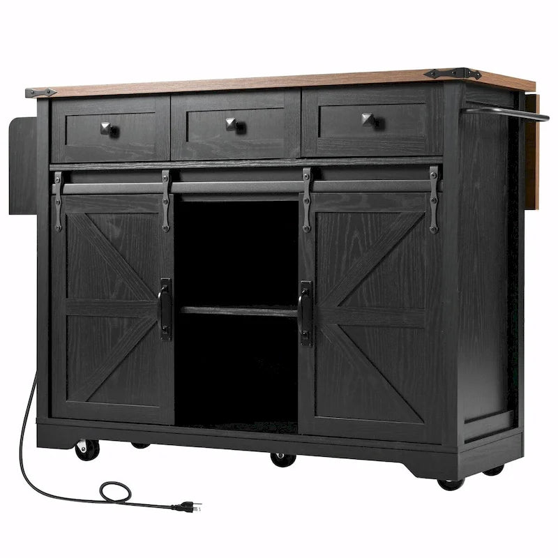 53.5 Farmhouse Kitchen Island with Power Outlet, Drop Leaf, Spice Rack, Drawer, and Wheels