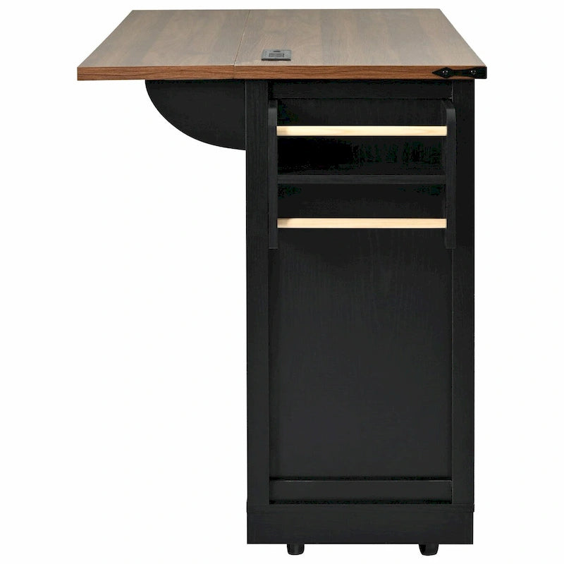 53.5 Farmhouse Kitchen Island with Power Outlet, Drop Leaf, Spice Rack, Drawer, and Wheels