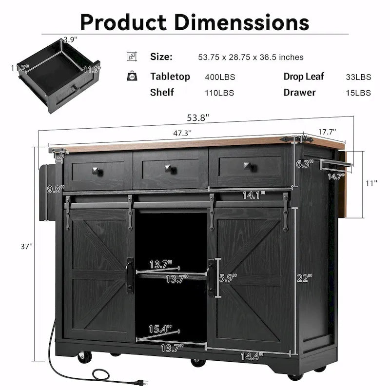 53.5 Farmhouse Kitchen Island with Power Outlet, Drop Leaf, Spice Rack, Drawer, and Wheels