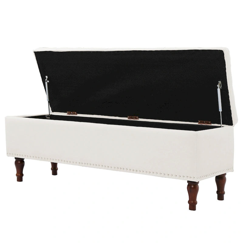 Tufted Upholstered Storage Bench with Nailhead Trim and Wooden Legs