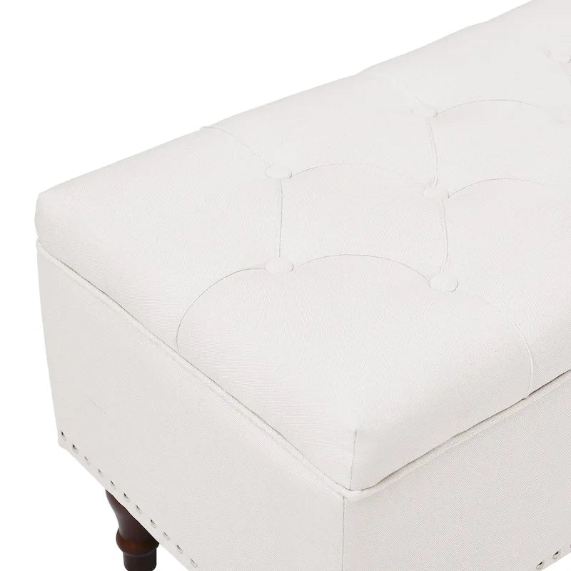 Tufted Upholstered Storage Bench with Nailhead Trim and Wooden Legs