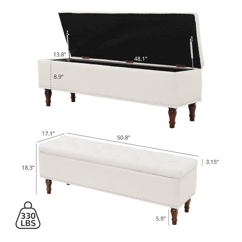 Tufted Upholstered Storage Bench with Nailhead Trim and Wooden Legs