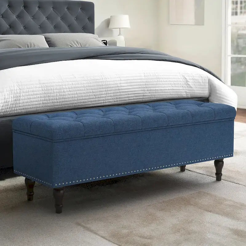 Tufted Upholstered Storage Bench with Nailhead Trim and Wooden Legs