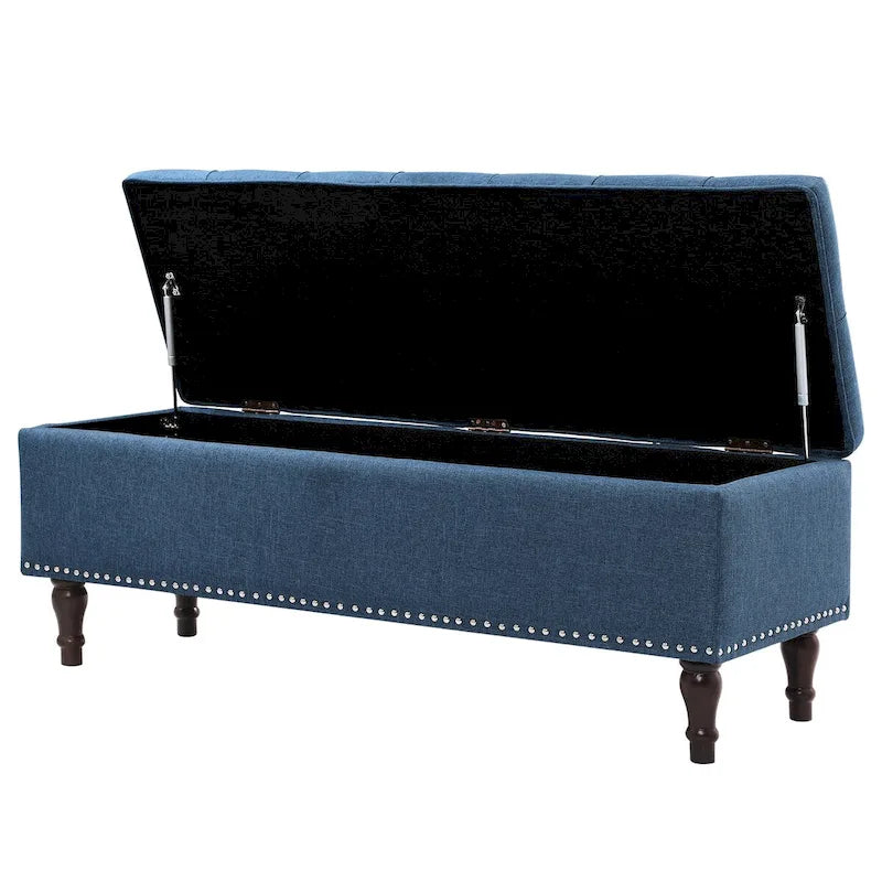 Tufted Upholstered Storage Bench with Nailhead Trim and Wooden Legs