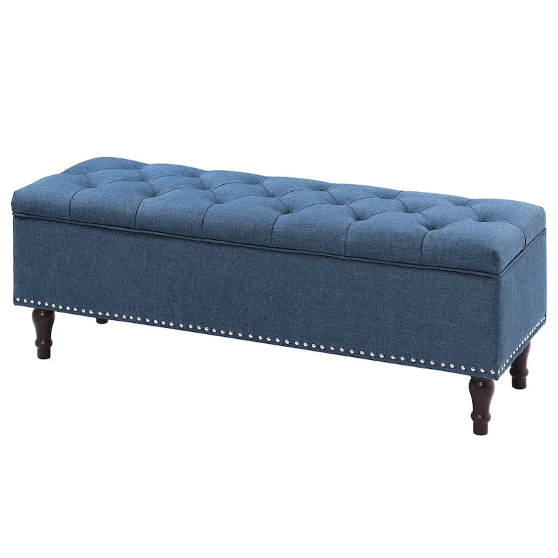 Tufted Upholstered Storage Bench with Nailhead Trim and Wooden Legs