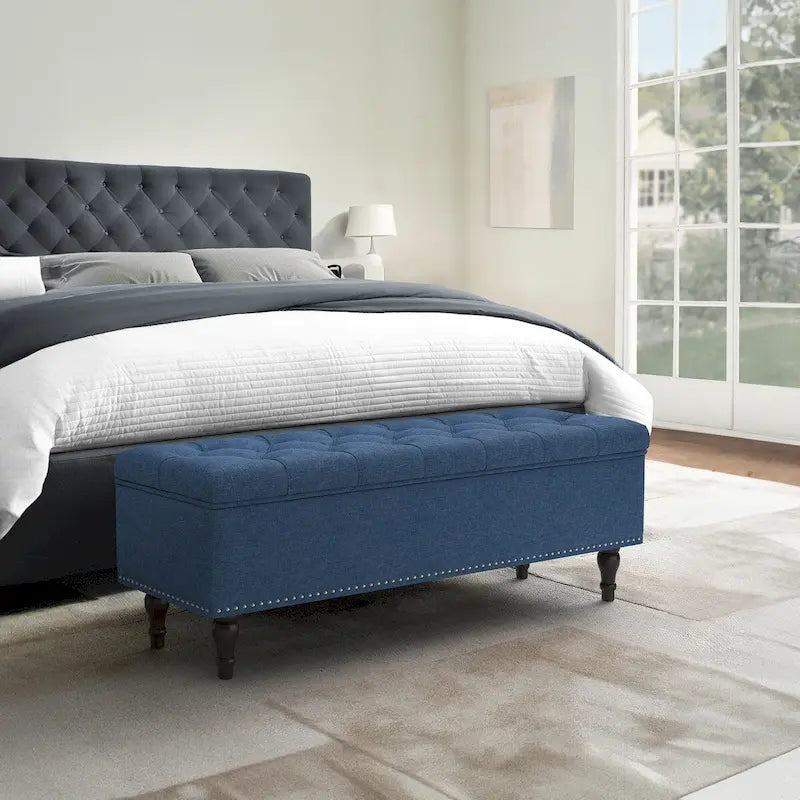 Tufted Upholstered Storage Bench with Nailhead Trim and Wooden Legs