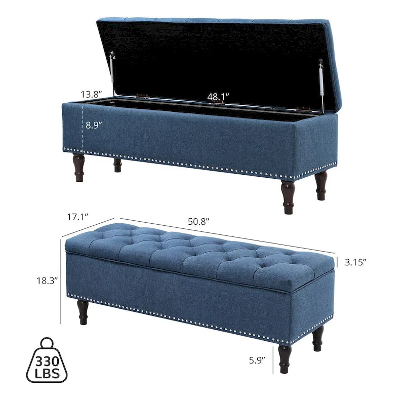 Tufted Upholstered Storage Bench with Nailhead Trim and Wooden Legs