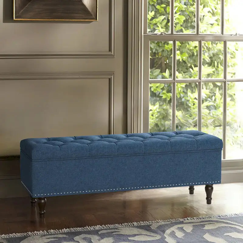 Tufted Upholstered Storage Bench with Nailhead Trim and Wooden Legs