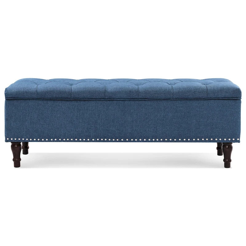 Tufted Upholstered Storage Bench with Nailhead Trim and Wooden Legs