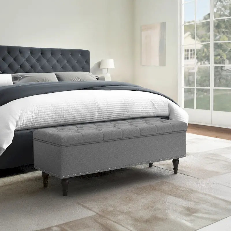Tufted Upholstered Storage Bench with Nailhead Trim and Wooden Legs