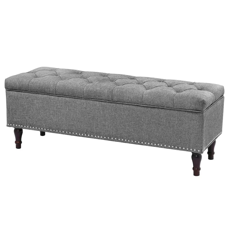 Tufted Upholstered Storage Bench with Nailhead Trim and Wooden Legs