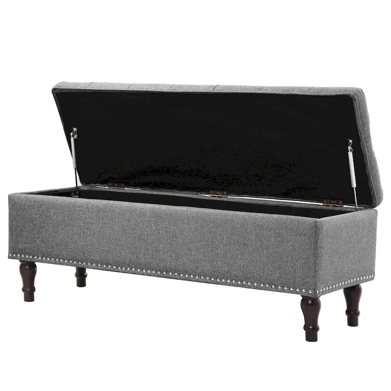 Tufted Upholstered Storage Bench with Nailhead Trim and Wooden Legs