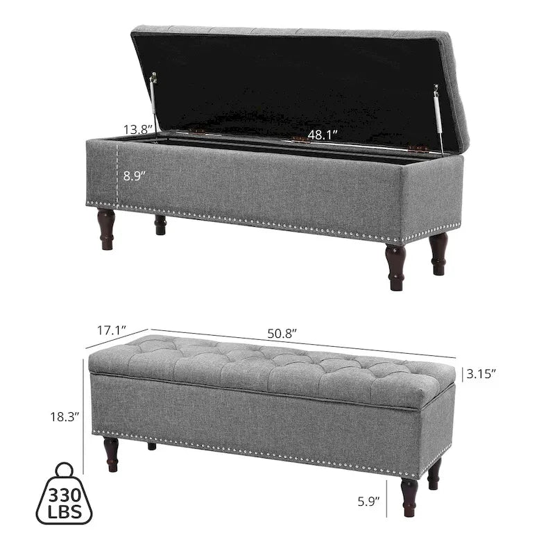 Tufted Upholstered Storage Bench with Nailhead Trim and Wooden Legs