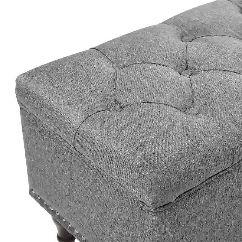 Tufted Upholstered Storage Bench with Nailhead Trim and Wooden Legs