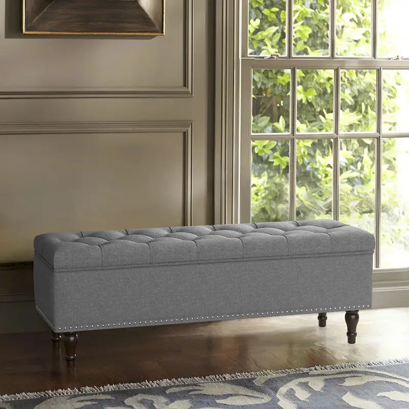 Tufted Upholstered Storage Bench with Nailhead Trim and Wooden Legs