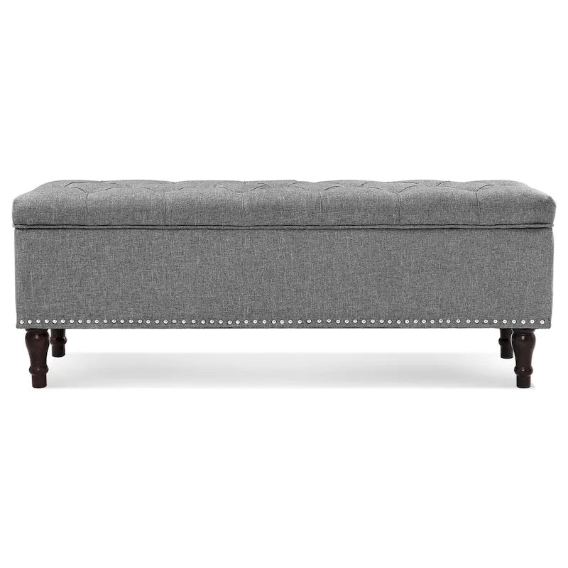 Tufted Upholstered Storage Bench with Nailhead Trim and Wooden Legs
