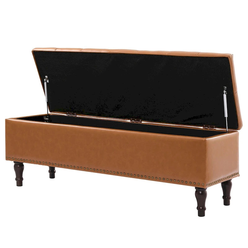 Tufted Upholstered Storage Bench with Nailhead Trim and Wooden Legs