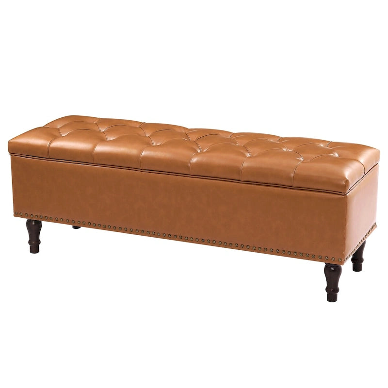Tufted Upholstered Storage Bench with Nailhead Trim and Wooden Legs