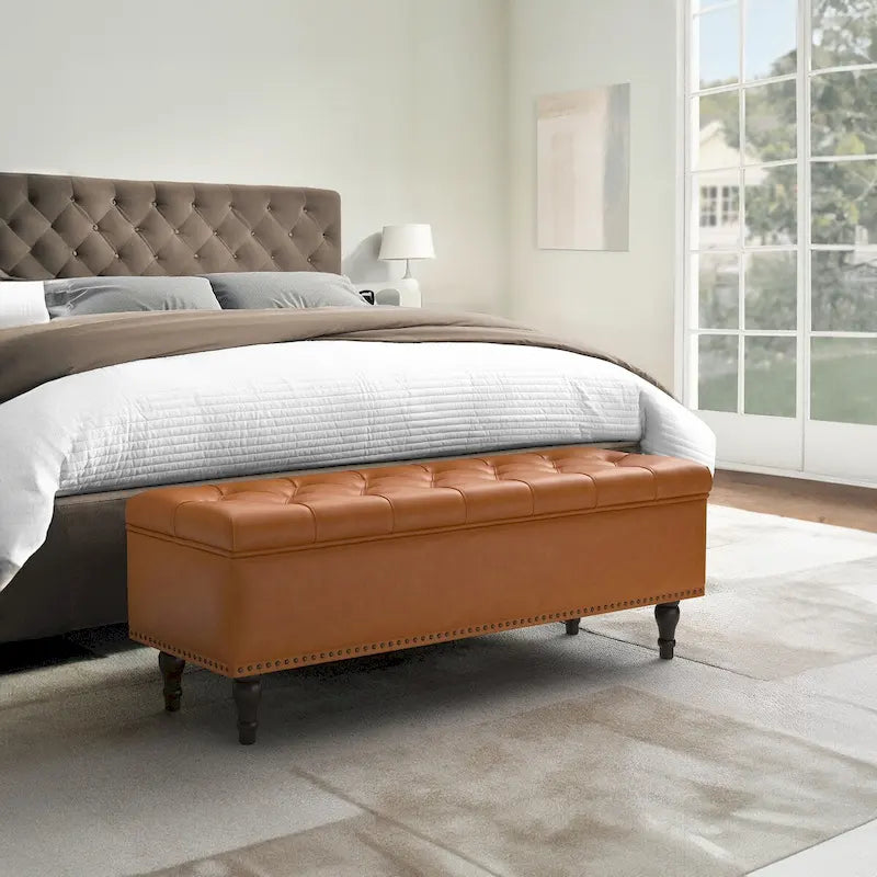 Tufted Upholstered Storage Bench with Nailhead Trim and Wooden Legs