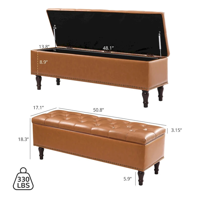Tufted Upholstered Storage Bench with Nailhead Trim and Wooden Legs