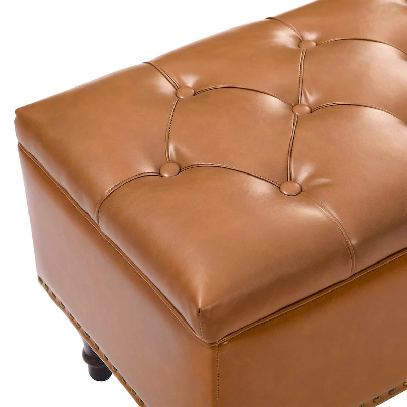 Tufted Upholstered Storage Bench with Nailhead Trim and Wooden Legs