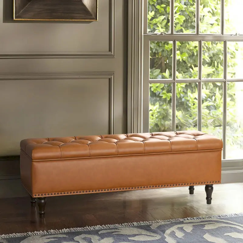 Tufted Upholstered Storage Bench with Nailhead Trim and Wooden Legs