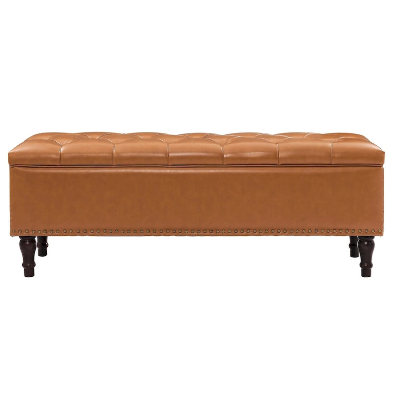 Tufted Upholstered Storage Bench with Nailhead Trim and Wooden Legs