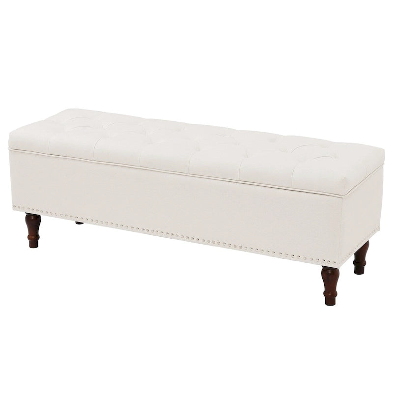 Tufted Upholstered Storage Bench with Nailhead Trim and Wooden Legs