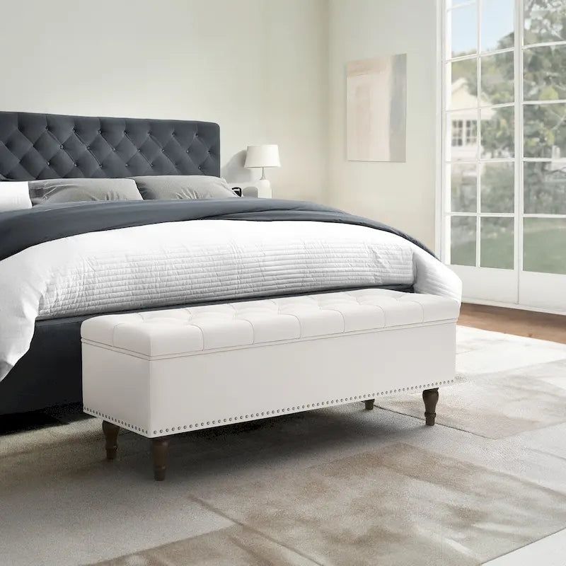 Tufted Upholstered Storage Bench with Nailhead Trim and Wooden Legs
