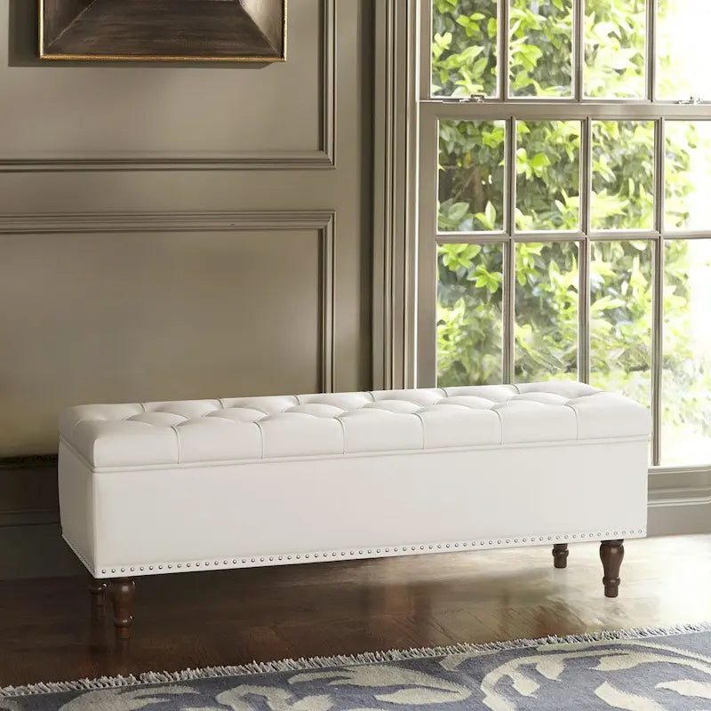 Tufted Upholstered Storage Bench with Nailhead Trim and Wooden Legs