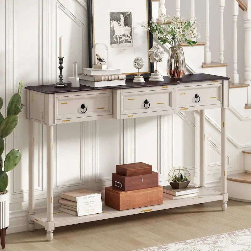 Rustic Wooden Console Table with Three Drawers and Lower Shelf