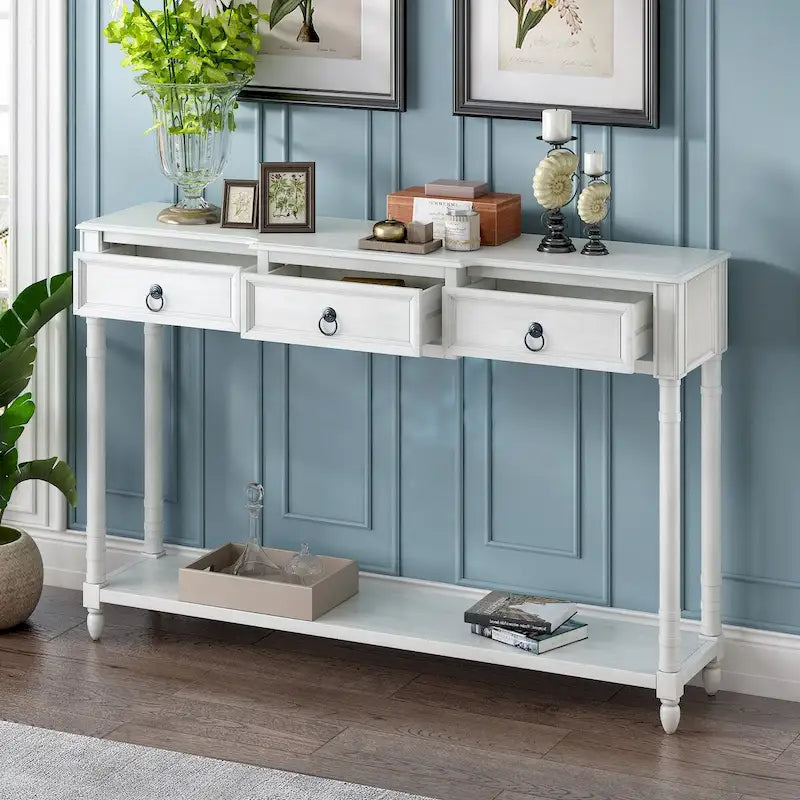 Rustic Wooden Console Table with Three Drawers and Lower Shelf
