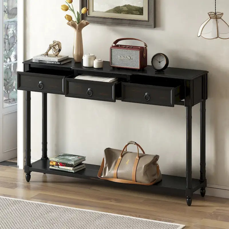 Rustic Wooden Console Table with Three Drawers and Lower Shelf