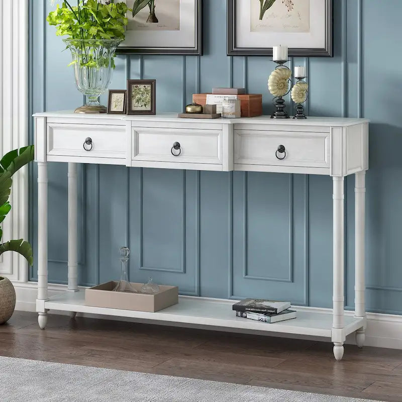 Rustic Wooden Console Table with Three Drawers and Lower Shelf