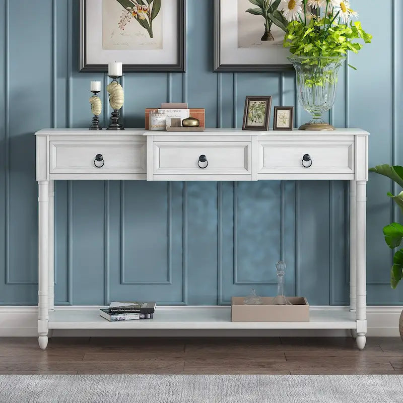 Rustic Wooden Console Table with Three Drawers and Lower Shelf