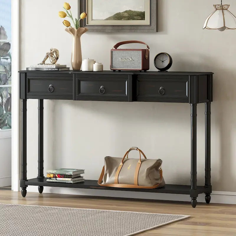 Rustic Wooden Console Table with Three Drawers and Lower Shelf