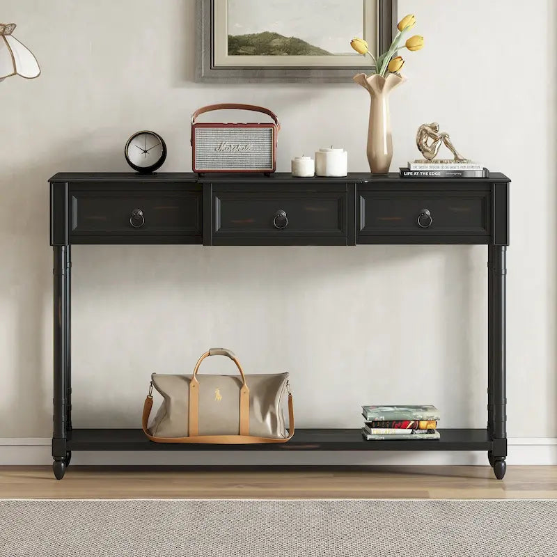 Rustic Wooden Console Table with Three Drawers and Lower Shelf