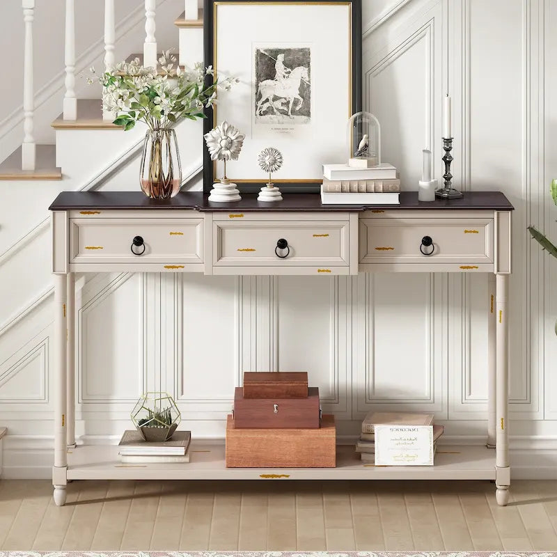 Rustic Wooden Console Table with Three Drawers and Lower Shelf